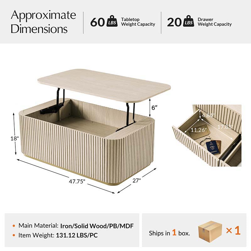Multifunctional Slatted Design Lift-Top Coffee Table with Hidden Storage and Drawers