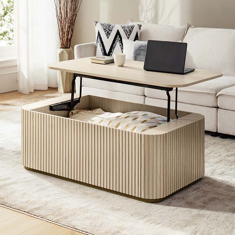Multifunctional Slatted Design Lift-Top Coffee Table with Hidden Storage and Drawers