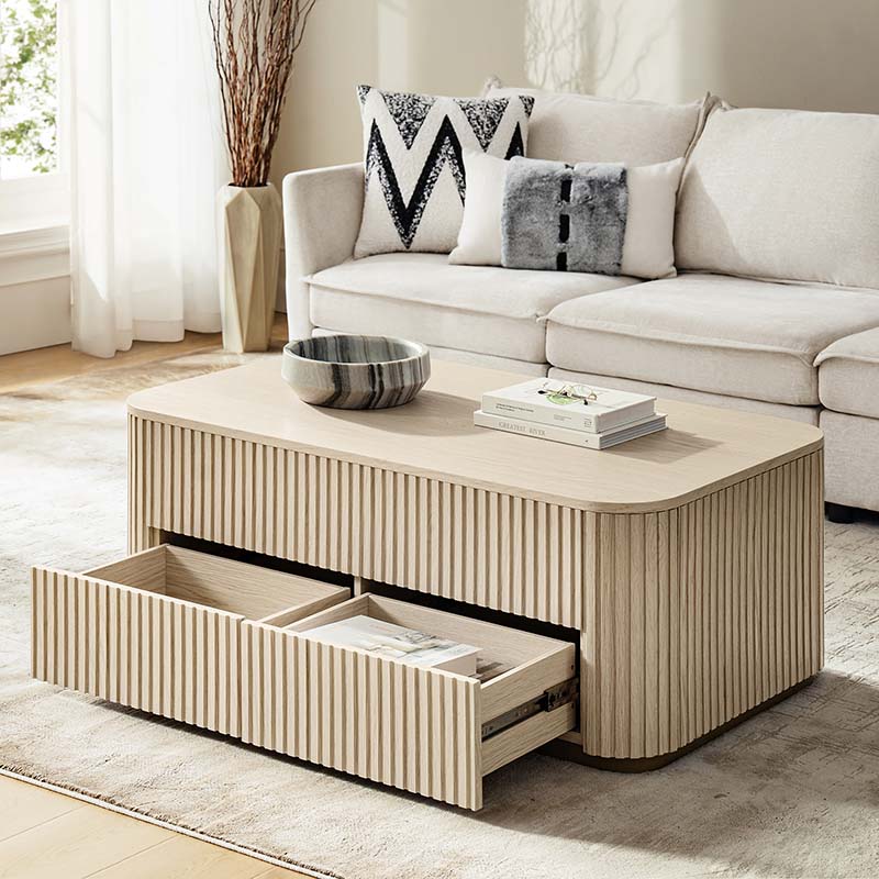 Multifunctional Slatted Design Lift-Top Coffee Table with Hidden Storage and Drawers