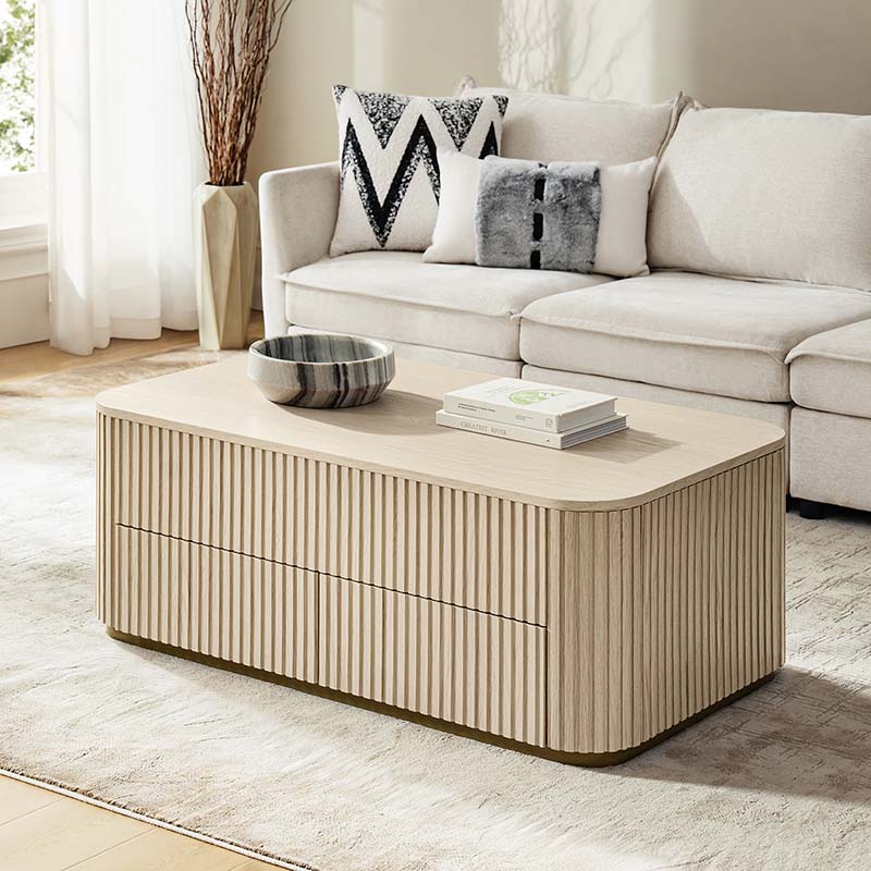 Multifunctional Slatted Design Lift-Top Coffee Table with Hidden Storage and Drawers