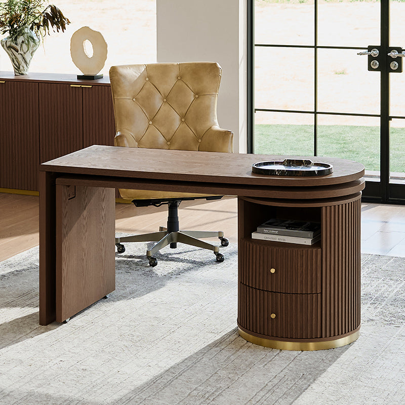 Modern Fluted L shaped  360 Rotating Wooden Office Desk