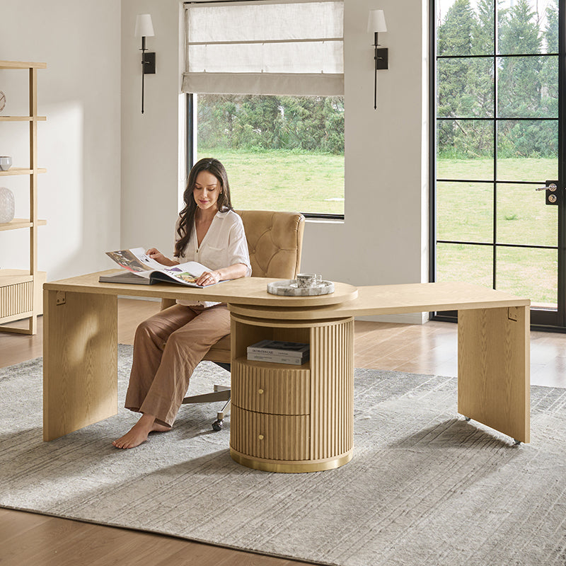 Modern Fluted L shaped  360 Rotating Wooden Office Desk