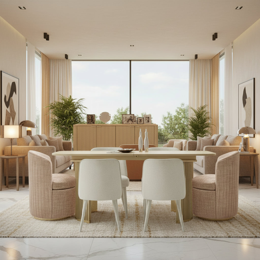 Dario 8-Piece Modern Light Luxury Dining Set with Extendable Table,Upholstered Chairs & Sideboard