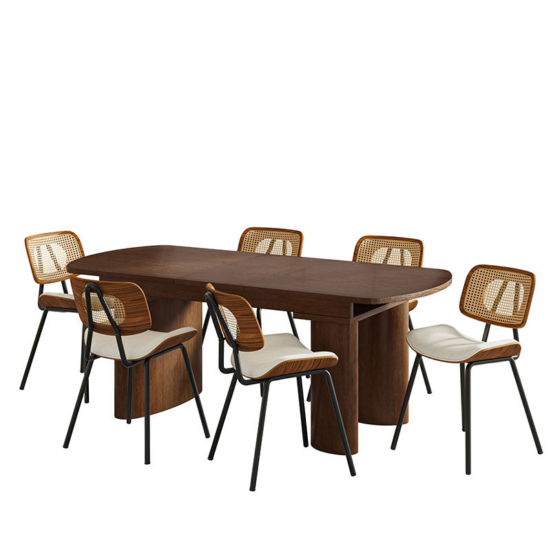 7-Piece Modern Space Saving Dining Table with Mid-Century Rattan Chairs Set