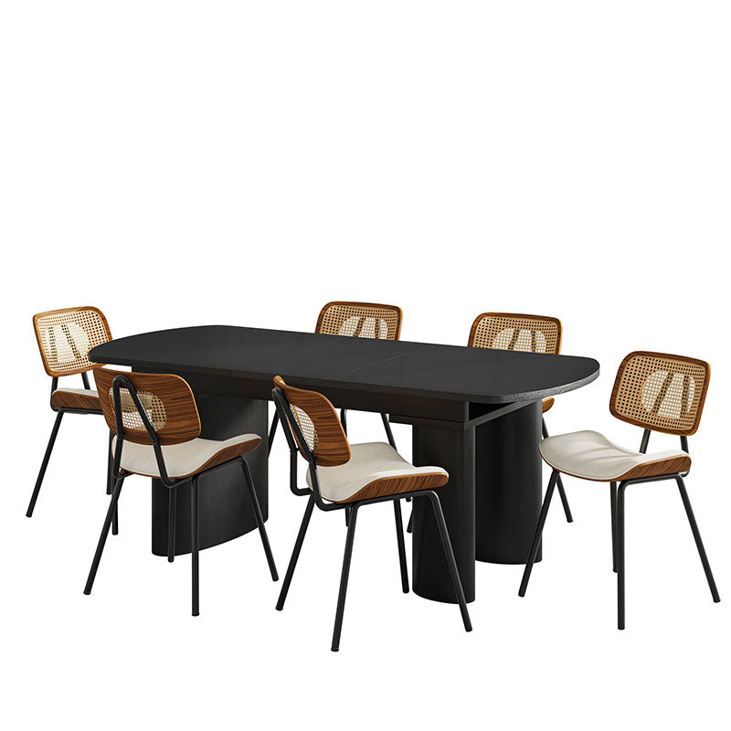7-Piece Modern Space Saving Dining Table with Mid-Century Rattan Chairs Set