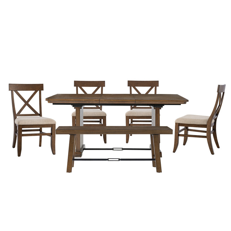 Casandra 6-Piece Transitional Multifunctional Extendable Dining Sets with Cross-Back Chairs and Solid Wood Bench
