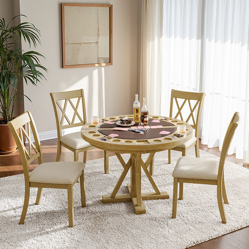 6-Piece 42“ Solid Wood Dual-Purpose Game & Dining Table with Drink Holders