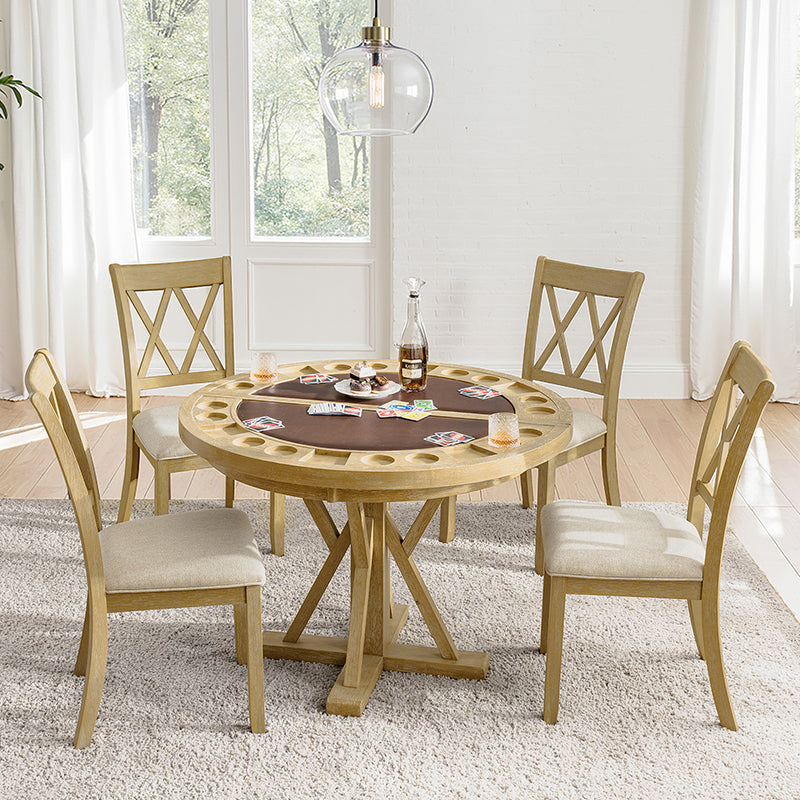 6-Piece 42“ Solid Wood Dual-Purpose Game & Dining Table with Drink Holders
