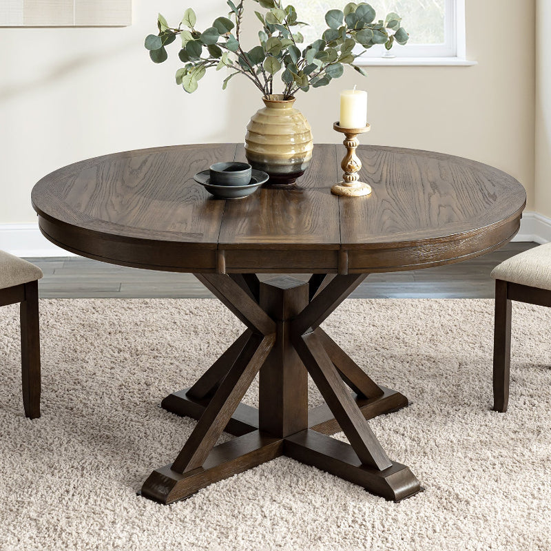 Gabriela Transitional Solid Wood Round Extension Dining Table with Hidden Leaf