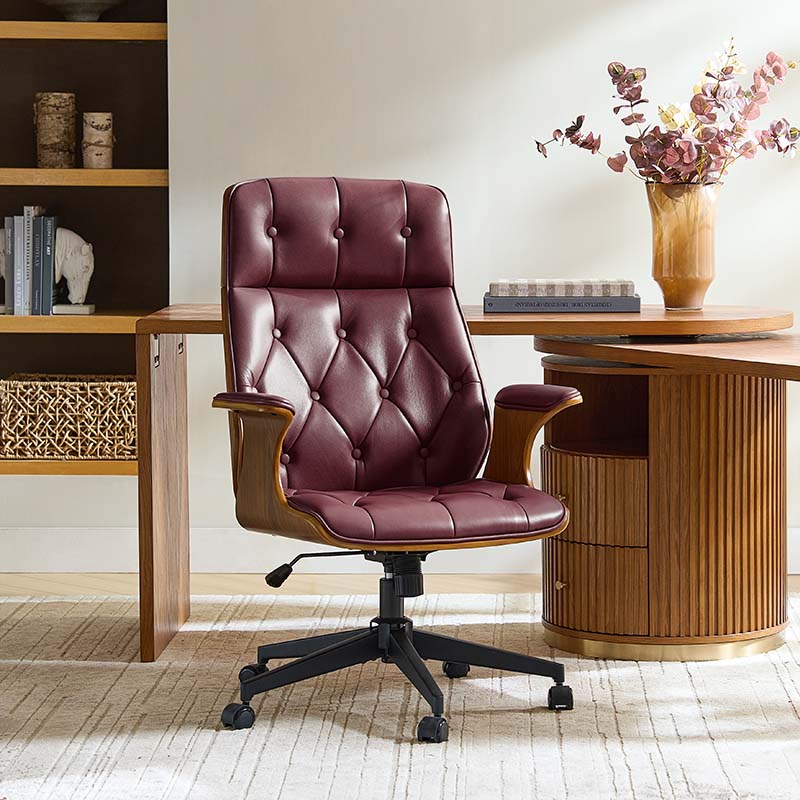 Brigida Curved Wood Back Genuine Leather  Office Chair