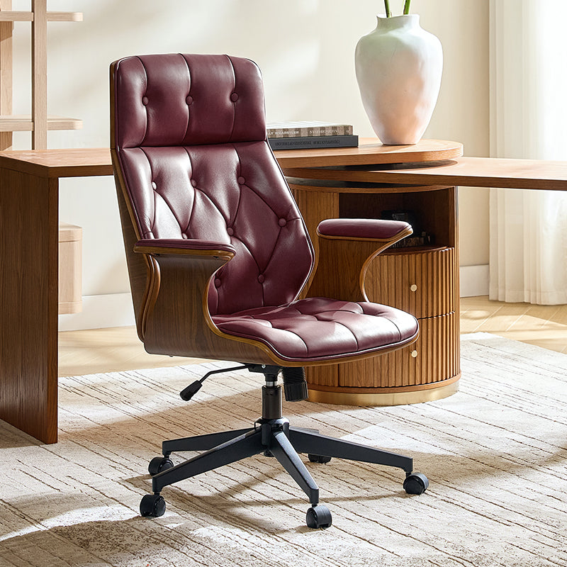 Brigida Curved Wood Back Genuine Leather  Office Chair