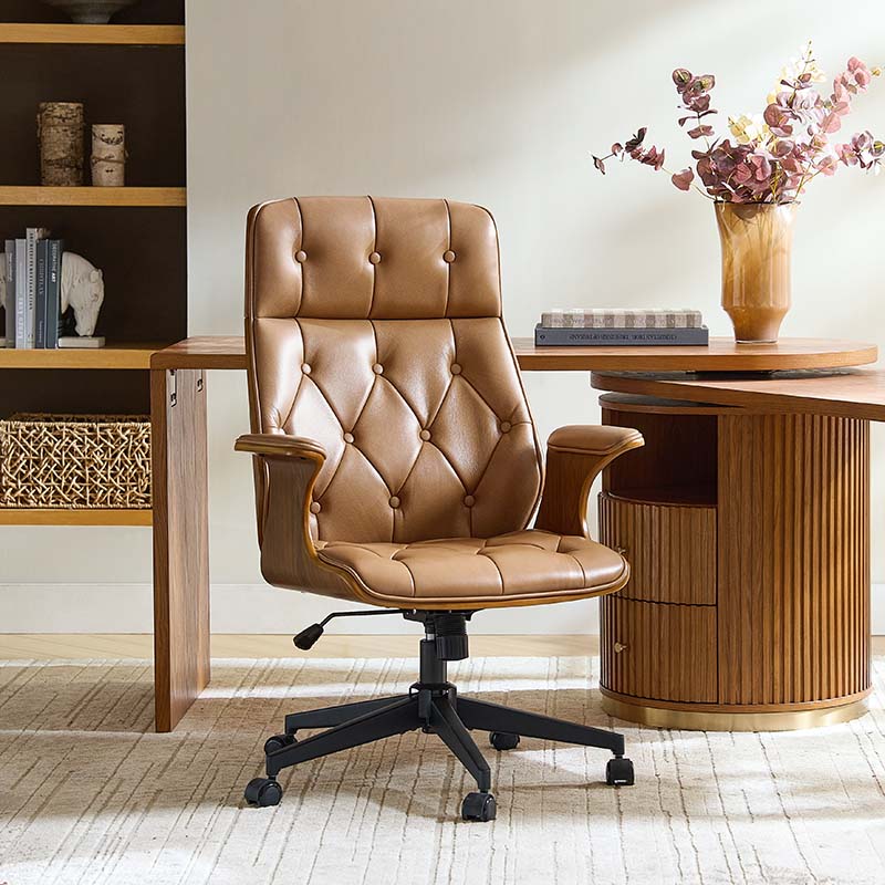 Brigida Curved Wood Back Genuine Leather  Office Chair