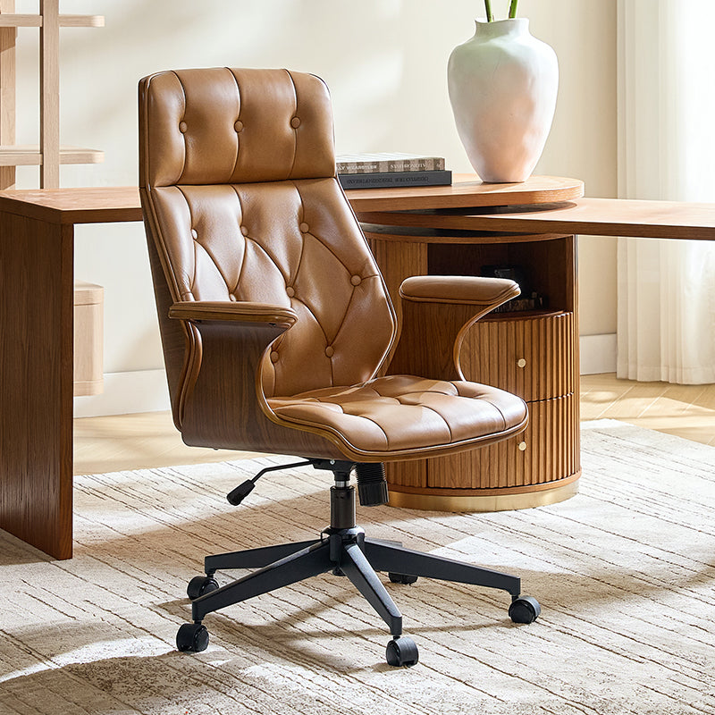 Brigida Curved Wood Back Genuine Leather  Office Chair