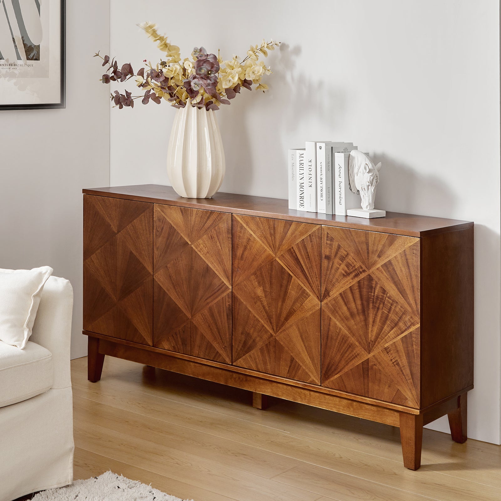 Marcos 60 Wide Mid-century Geometric Patterns Sideboard with Solid Wood Legs