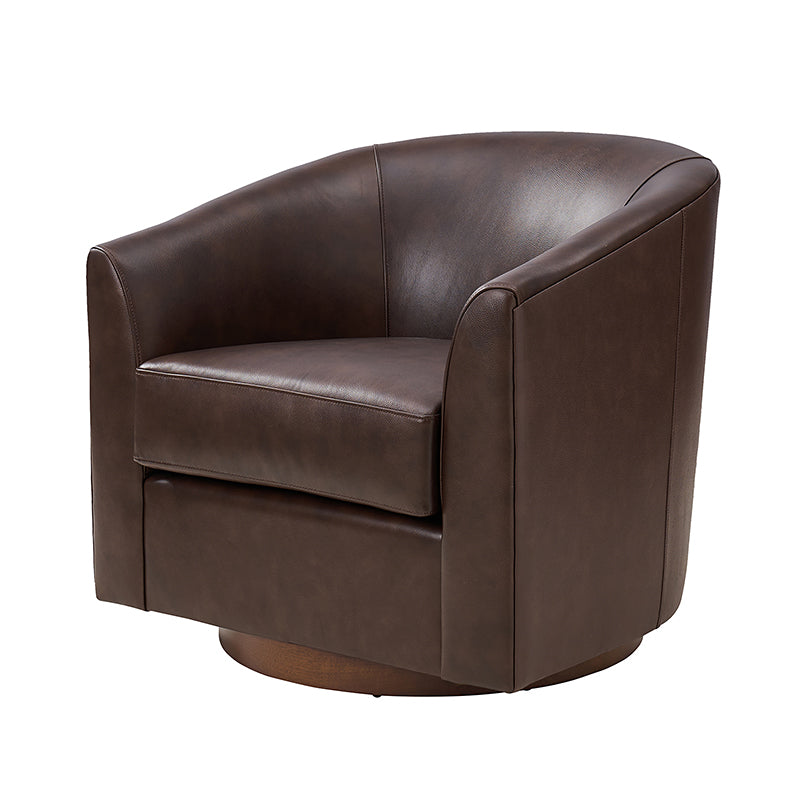 Cathy Geniun Leather Modern Swivel Barrel Chair With Solid Wood Base