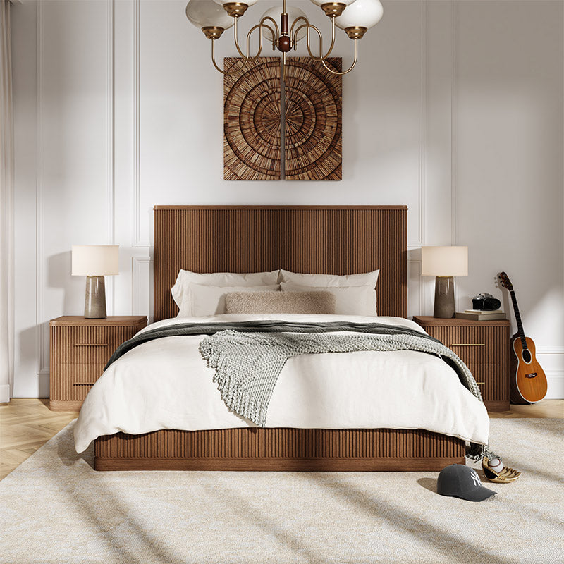 Modern Solid Wood Fluted Bed with Oak Texture