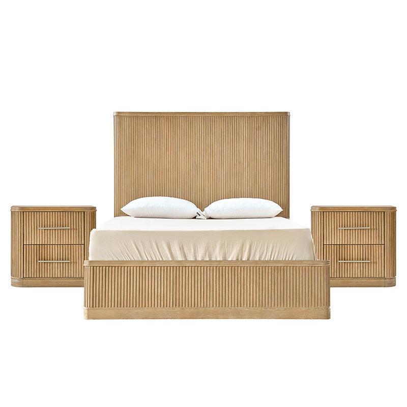 3-Piece Modern Fluted Solid Wood Bedroom Set with Oak Texture