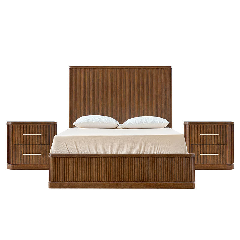 3-Piece Modern Fluted Solid Wood Bedroom Set with Oak Texture