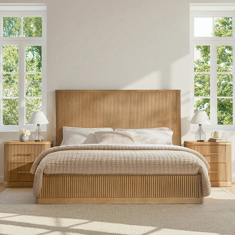 3-Piece Modern Fluted Solid Wood Bedroom Set with Oak Texture