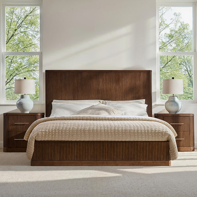 3-Piece Modern Fluted Solid Wood Bedroom Set with Oak Texture