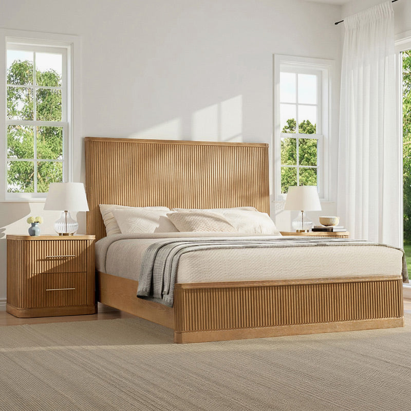 3-Piece Modern Fluted Solid Wood Bedroom Set with Oak Texture