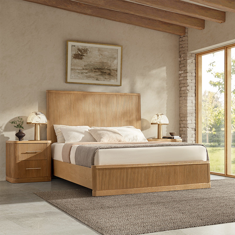 Modern Solid Wood Fluted Bed with Oak Texture