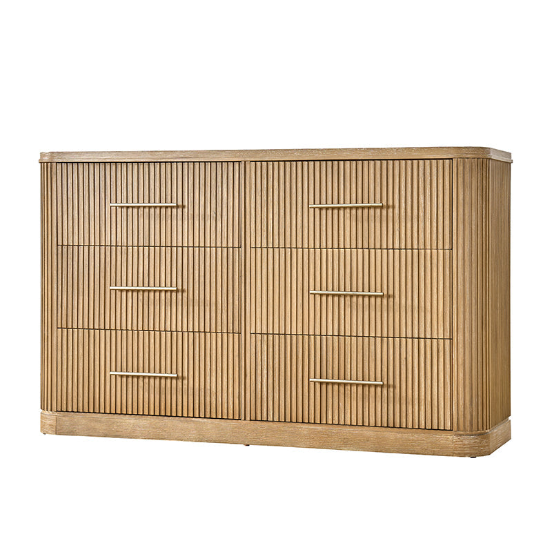 Modern Solid Wood Fluted Dresser with 6 Drawers & Oak Texture