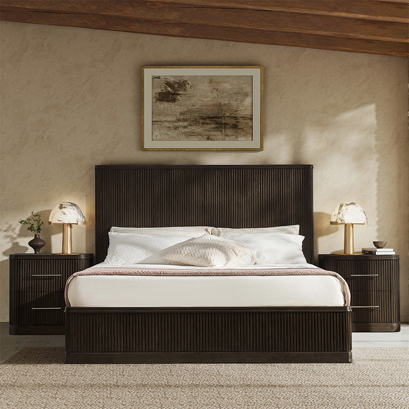 Modern Solid Wood Fluted Bed with Oak Texture