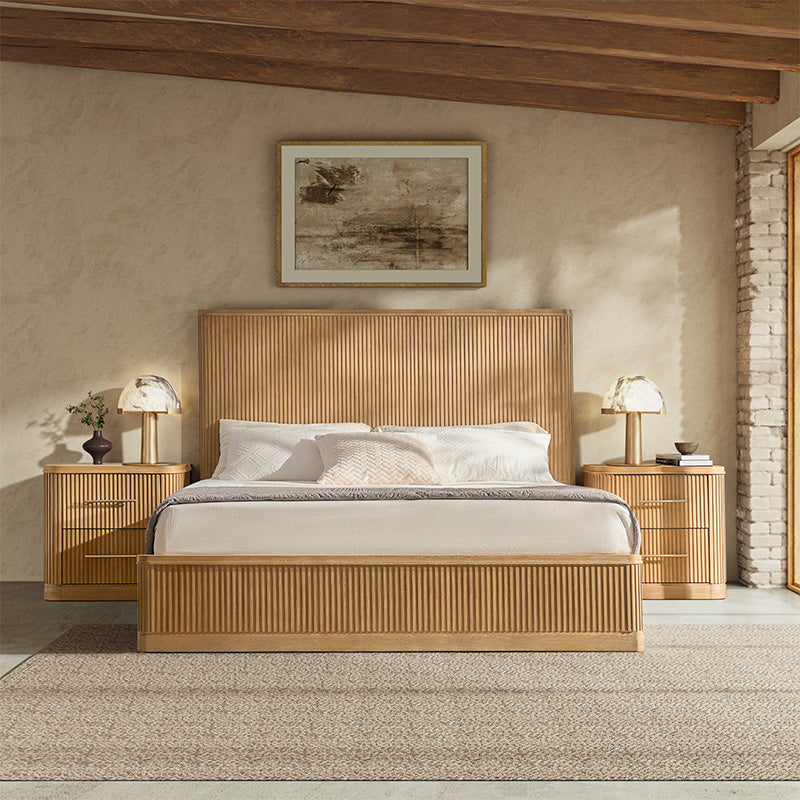 Modern Solid Wood Fluted Bed with Oak Texture