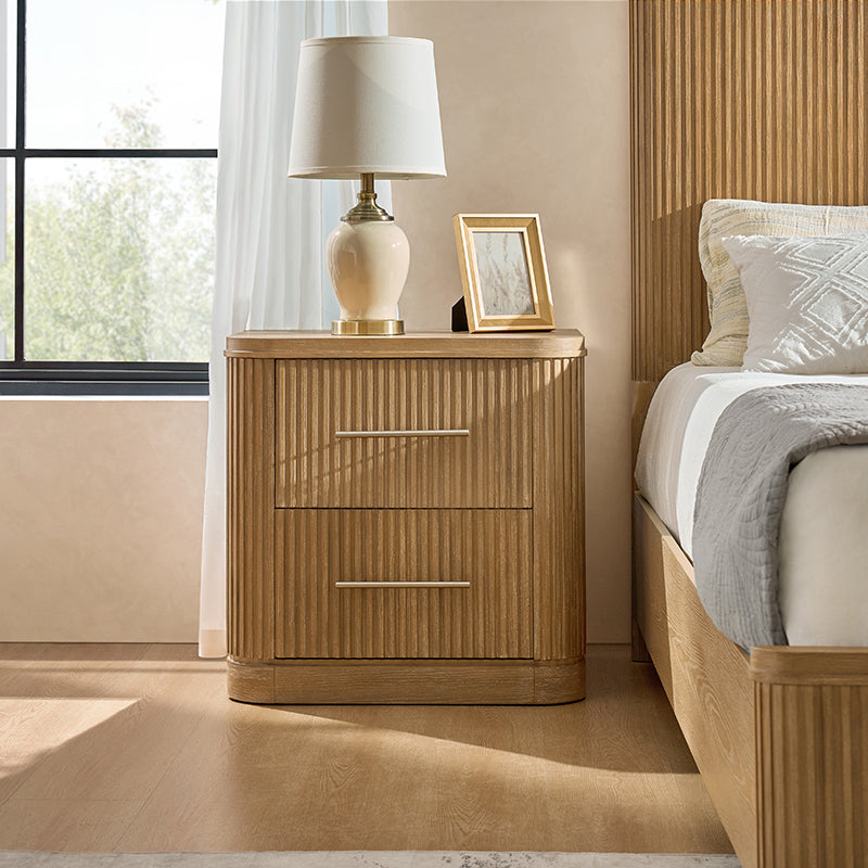 Modern Solid Wood Fluted Nightstand with USB & Oak Texture