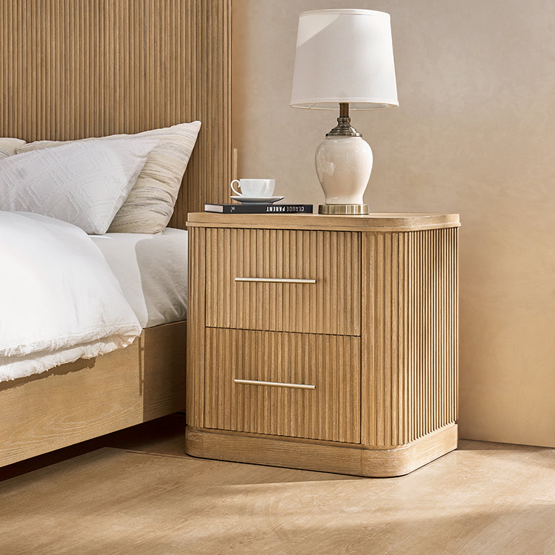 Modern Solid Wood Fluted Nightstand with USB & Oak Texture