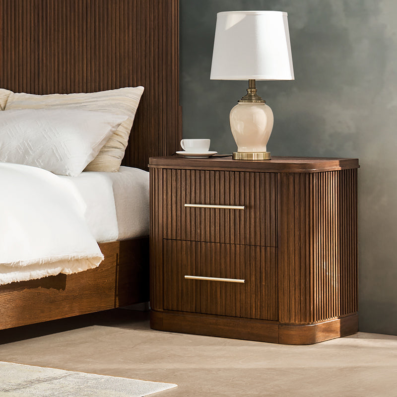 Modern Solid Wood Fluted Nightstand with USB & Oak Texture