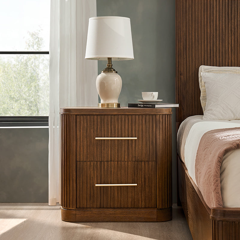 Modern Solid Wood Fluted Nightstand with USB & Oak Texture